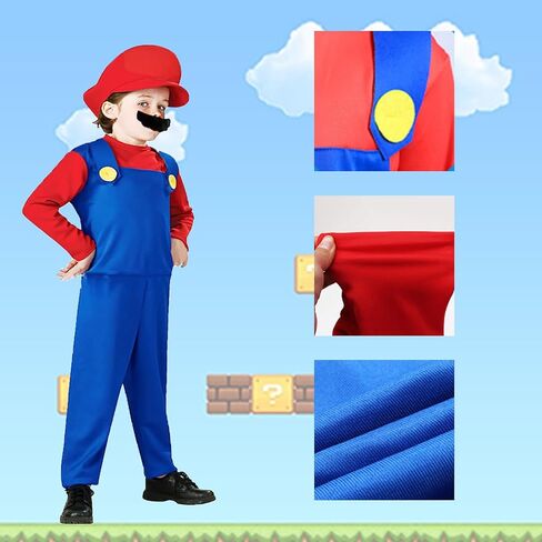 PartyBloom Super Brothers Costume for Kids Halloween Plumber Costume Kids Cosplay Jumpsuit with Hat Mustache Gloves in Saudi Arabia