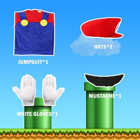 PartyBloom Super Brothers Costume for Kids Halloween Plumber Costume Kids Cosplay Jumpsuit with Hat Mustache Gloves in Saudi Arabia