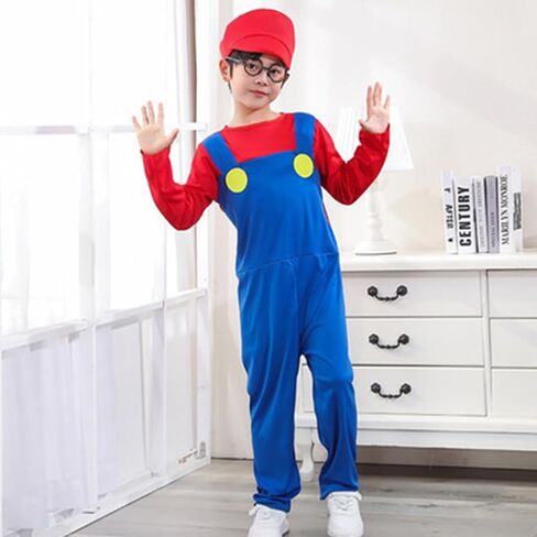 PartyBloom Super Brothers Costume for Kids Halloween Plumber Costume Kids Cosplay Jumpsuit with Hat Mustache Gloves in Saudi Arabia