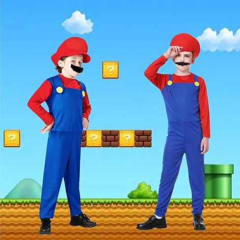 PartyBloom Super Brothers Costume for Kids Halloween Plumber Costume Kids Cosplay Jumpsuit with Hat Mustache Gloves in Saudi Arabia