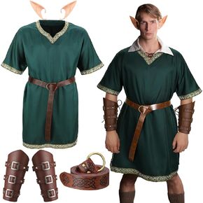 Xtinmee 4 Pcs Mens Renaissance Costume Medieval Knight Tunic Costume Viking PU Belt Arm Guards Halloween Elf Warrior Cosplay