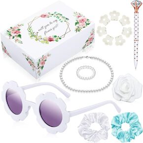 16 Pcs Flower Girl Proposal Box Kit Flower Girl Gifts Flower Girl Box Round Glasses Necklace Pearl Bracelet Diamond Pen Hair Scrunchies Rose Will You Be My Flower Girl for Wedding (Milky White)