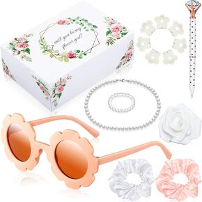 16 Pcs Flower Girl Proposal Box Kit Flower Girl Gifts Flower Girl Box Round Glasses Necklace Pearl Bracelet Diamond Pen Hair Scrunchies Rose Will You Be My Flower Girl for Wedding (Milky White) in Kuwait