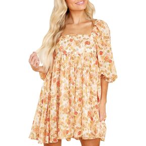Womens Puff Sleeve Floral Print Dress Babydoll Square Neck A Line High Waist Ruched Summer Mini Dresses