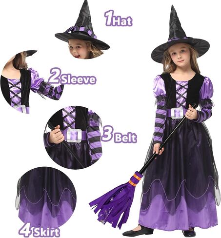 Witch Costume Girls Halloween Witch Dress Costumes Kids Deluxe Witch Hat Broomstick Halloween Candy Bags Fancy Dress Up Party in Saudi Arabia
