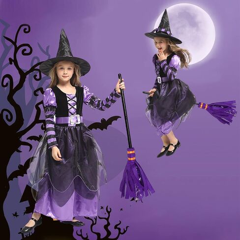 Witch Costume Girls Halloween Witch Dress Costumes Kids Deluxe Witch Hat Broomstick Halloween Candy Bags Fancy Dress Up Party in Saudi Arabia