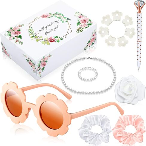 16 Pcs Flower Girl Proposal Box Kit Flower Girl Gifts Flower Girl Box Round Glasses Necklace Pearl Bracelet Diamond Pen Hair Scrunchies Rose Will You Be My Flower Girl for Wedding (Milky White) in Kuwait