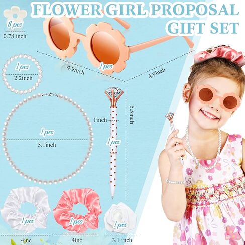 16 Pcs Flower Girl Proposal Box Kit Flower Girl Gifts Flower Girl Box Round Glasses Necklace Pearl Bracelet Diamond Pen Hair Scrunchies Rose Will You Be My Flower Girl for Wedding (Milky White) in Kuwait