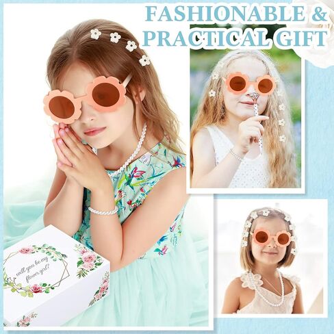 16 Pcs Flower Girl Proposal Box Kit Flower Girl Gifts Flower Girl Box Round Glasses Necklace Pearl Bracelet Diamond Pen Hair Scrunchies Rose Will You Be My Flower Girl for Wedding (Milky White) in Kuwait