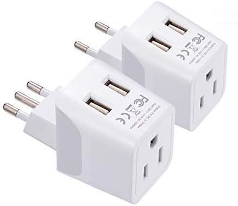 مجموعة قابس محول السفر من Ceptics إيطاليا وأوروبا - عبوتان - مع مدخلين USB + مقبس الولايات المتحدة الأمريكية - النوع L والنوع C - صغير جدًا - مؤرض آمن ومثالي للهواتف المحمولة وأجهزة الكمبيوتر المحمولة وشواحن الكاميرا in Kuwait