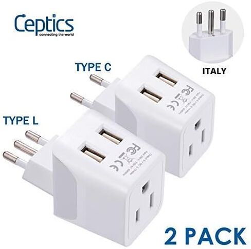 مجموعة قابس محول السفر من Ceptics إيطاليا وأوروبا - عبوتان - مع مدخلين USB + مقبس الولايات المتحدة الأمريكية - النوع L والنوع C - صغير جدًا - مؤرض آمن ومثالي للهواتف المحمولة وأجهزة الكمبيوتر المحمولة وشواحن الكاميرا in Kuwait