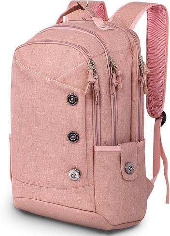 KINGSLONG 15.6 inch Laptop Backpack for Women, Stylish Buttons Decor Daypack Fit 17 inch Notebook, Water Resistant Computer Notebook Bag with USB Charging Port for Travel College Work Gifts in Kuwait