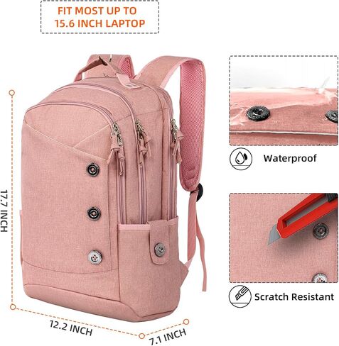 KINGSLONG 15.6 inch Laptop Backpack for Women, Stylish Buttons Decor Daypack Fit 17 inch Notebook, Water Resistant Computer Notebook Bag with USB Charging Port for Travel College Work Gifts in Kuwait