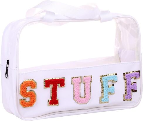 Chenille Letter Clear PVC And PU leather Large Travel Cosmetic Toiletry Storage Bag Waterproof Makeup Tote Bag Organizer Bag for Women(MAMA-Pink) in Kuwait