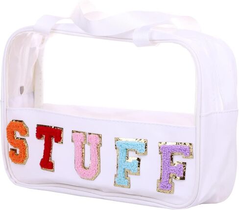 Chenille Letter Clear PVC And PU leather Large Travel Cosmetic Toiletry Storage Bag Waterproof Makeup Tote Bag Organizer Bag for Women(MAMA-Pink) in Kuwait