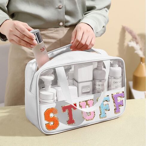 Chenille Letter Clear PVC And PU leather Large Travel Cosmetic Toiletry Storage Bag Waterproof Makeup Tote Bag Organizer Bag for Women(MAMA-Pink) in Kuwait