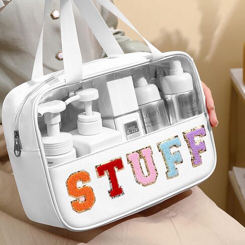 Chenille Letter Clear PVC And PU leather Large Travel Cosmetic Toiletry Storage Bag Waterproof Makeup Tote Bag Organizer Bag for Women(MAMA-Pink) in Kuwait