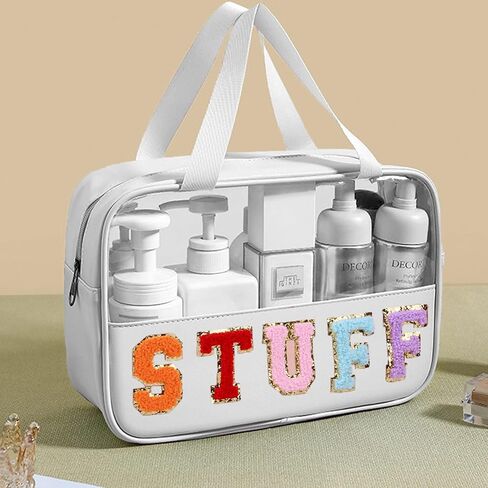 Chenille Letter Clear PVC And PU leather Large Travel Cosmetic Toiletry Storage Bag Waterproof Makeup Tote Bag Organizer Bag for Women(MAMA-Pink) in Kuwait