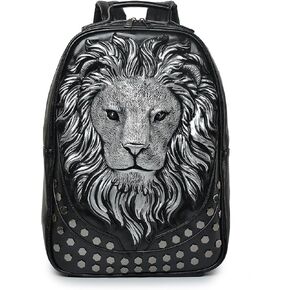 3D Lion Leather Laptop Backpack Unique Designer Fashion Travel Rivet Punk Backpack (Gold) in Kuwait