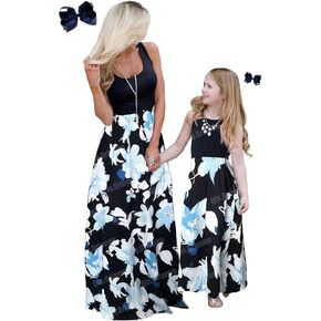 Qin.Orianna Mommy and Me Boho فستان طويل متطابق للعائلة مزين بالزهور مع جيب لعيد الأم...