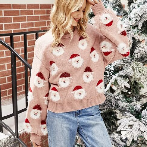 joysale Christmas Sweater for Women Cute Merry Xmas Santa Holiday Pullover Crewneck Knit Sweatshirts Tops in Kuwait