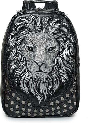 3D Lion Leather Laptop Backpack Unique Designer Fashion Travel Rivet Punk Backpack (Gold) in Kuwait