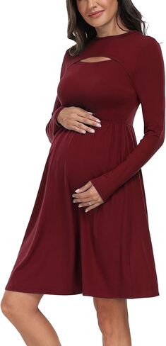 فستان JINDIIM بأكمام طويلة للحمل في الخريف، فستان كاجوال متأرجح على شكل حرف A من أجل التقاط الصور لحفلة استقبال المولود الجديد in Kuwait