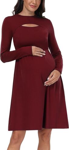 فستان JINDIIM بأكمام طويلة للحمل في الخريف، فستان كاجوال متأرجح على شكل حرف A من أجل التقاط الصور لحفلة استقبال المولود الجديد in Kuwait