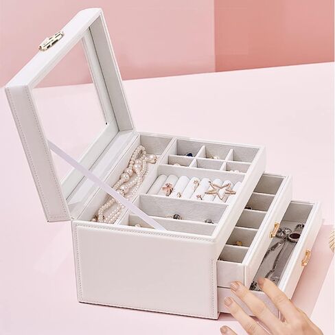 Vlando Lockable Jewelry Box Organizers with Key, Small Travel Earrings and Rings Jewelry Box on Top Included, Vintage Gift Case Packing for Ladies Women, Pink in Kuwait