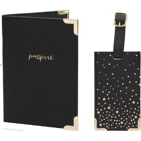 Luggage Tag with Passport Holder Cover for Women Gift Set | Synthetic Vegan PU Leather Wallet Travel Accessories | Cruise Essentials (Black)