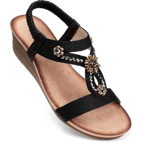 SHIBEVER Womens Wedge Sandals Flower Low Heel Dressy Sandals Elastic Ankle Strap Rhinestone Sandals Summer Comfortable Shoe