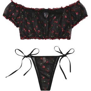 WDIRARA Women's 2 Piece Ruffle Trim Mesh Wireless Self Tie Lingerie Set Bra and Panty Set