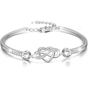 AOBOCO 925 Sterling Silver Infinity Endless Love Heart Birthstone Bangle Bracelet - I Love You Forever Series Adjustable 6-8 in Bracelet with Crystals from Austria Romantic Birthday Jewelry Gift for Women Wife Girlfriend