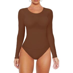 VVX Shapewear Bodysuit for Women Tummy Control Long Sleeve Round Neck Thong Tops Seamless Sexy Body Suits