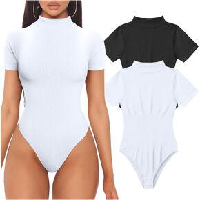 TOB Women's 2 Piece Bodysuits Sexy Ribbed High Neck Short Sleeve Tops Bodysuits