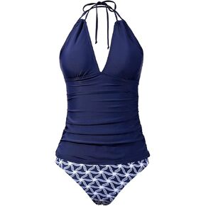 Yonique Womens Two Piece Swimsuits Tummy Control Tankini Plus Size Bathing Suit Halter V Neck Swimwear