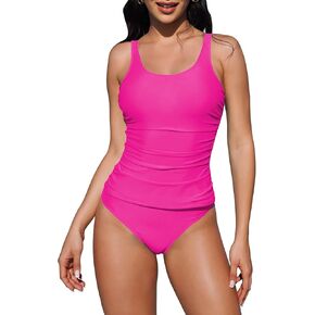 Pink Queen Women Two Piece Tankini Swimsuit Tummy Control Bathing Suit Ruched Tank Top with Bikini Bottoms
