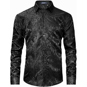 HISDERN Men's Shiny Satin Dress Shirts Luxury Floral Jacquard Slik Like Long Sleeve Fashion Shirt for Wedding Party Prom