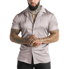 URRU Men's Luxury Shiny Silk Like Satin Dress Shirt Cuban Collar Short Sleeve Casual Slim Fit Muscle Button Up Shirts