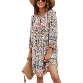 Bluetime Women Casual Summer Dress Boho V Neck 3/4 Sleeve Short Babydoll Floral Print Flowy Beach Dresses