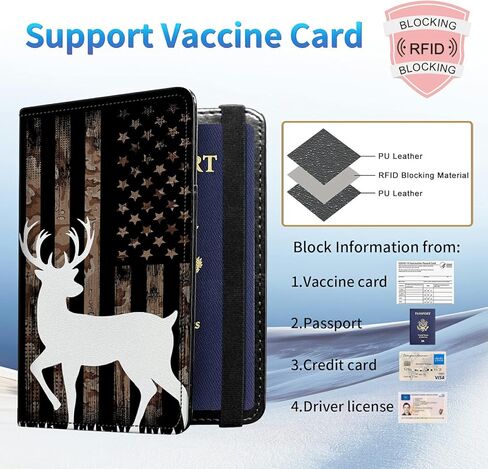 مجموعة حامل بطاقات جواز السفر واللقاح، حافظة غطاء حامل جواز السفر من جلد البولي يوريثان RFID للنساء، محفظة جلدية لجواز السفر مع شريط مطاطي، مع قلم، من أجل Fox Moon Trippy Animal Floral in Kuwait