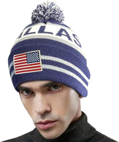DianYu US Flag City Pom Beanie Premium المطرزة رقعة الشتاء الناعمة قبعة متماسكة قبعة بوم in Kuwait