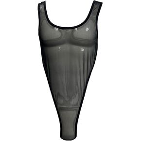 KKmeter Men's One Piece Mesh See Through Mankini Bodysuit Leotard High Cut G-String Thongs Bikini Underwear