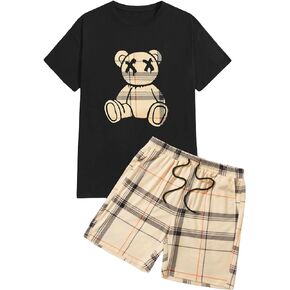 WDIRARA Men's 2 Piece Outfit Bear Print Short Sleeve Tee and Plaid Drawstring Waist Shorts Set