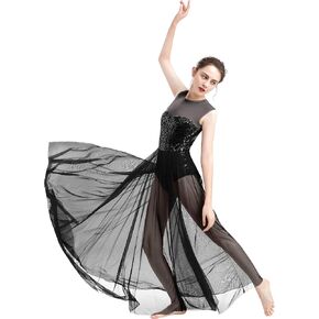 ODASDO Women Lyrical Dance Dress Modern Contemporary Dancewear Costume Sequins Tank Leotard Tulle Maxi Overlay Dress in Saudi Arabia