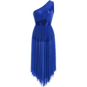 ODASDO Women Lyrical Dance Costume Morden Contemporary Dancewear One Shoulder Sequin Mesh Tulle Flowy Leotard Dress