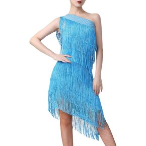 Women Sequin Tassel Fringe Flapper Dress 1920s Gatsby Asymmetrical One Shoulder Salsa Latin Ballroom Cocktail Dance Costume
