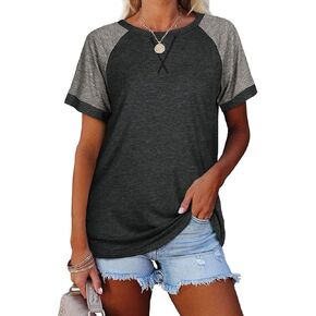 Women's Raglan Short Sleeve Crewneck T-Shirt Color Block Tunic Tshirt Casual Loose Blouses Tops