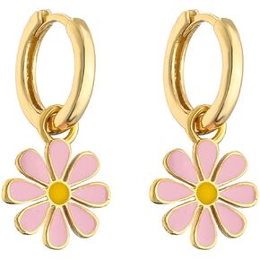 Small Hoop With Daisy Flower Charm Earrings for Women Teen Girls Cartilage Hypoallergenic Nickel Free Dainty Cute 14K Gold Plated Lucky Flowers Short Dangle Drop Piercing Hinged Huggie Hoops Fashion Jewelry