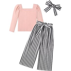 Arshiner Girls Clothing Sets Square Neck Rib Knit Shirts + Stylish Wide Leg Pants + Headband Cute 3pcs Fall Clothes Outfits